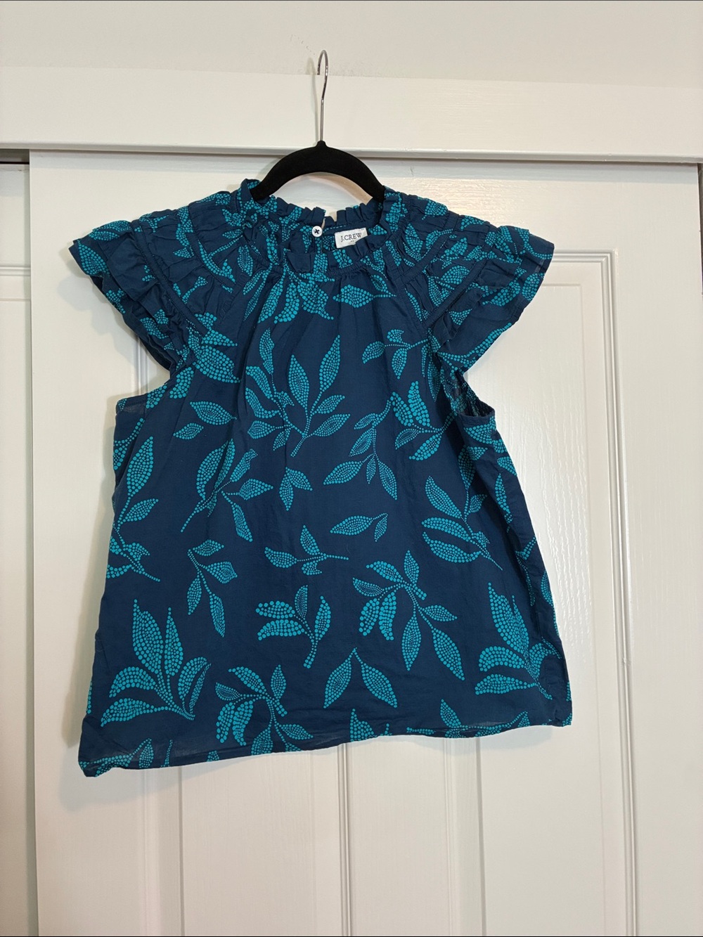 J. Crew Navy Top with Teal Leaf Pattern and Flutter Sleeves